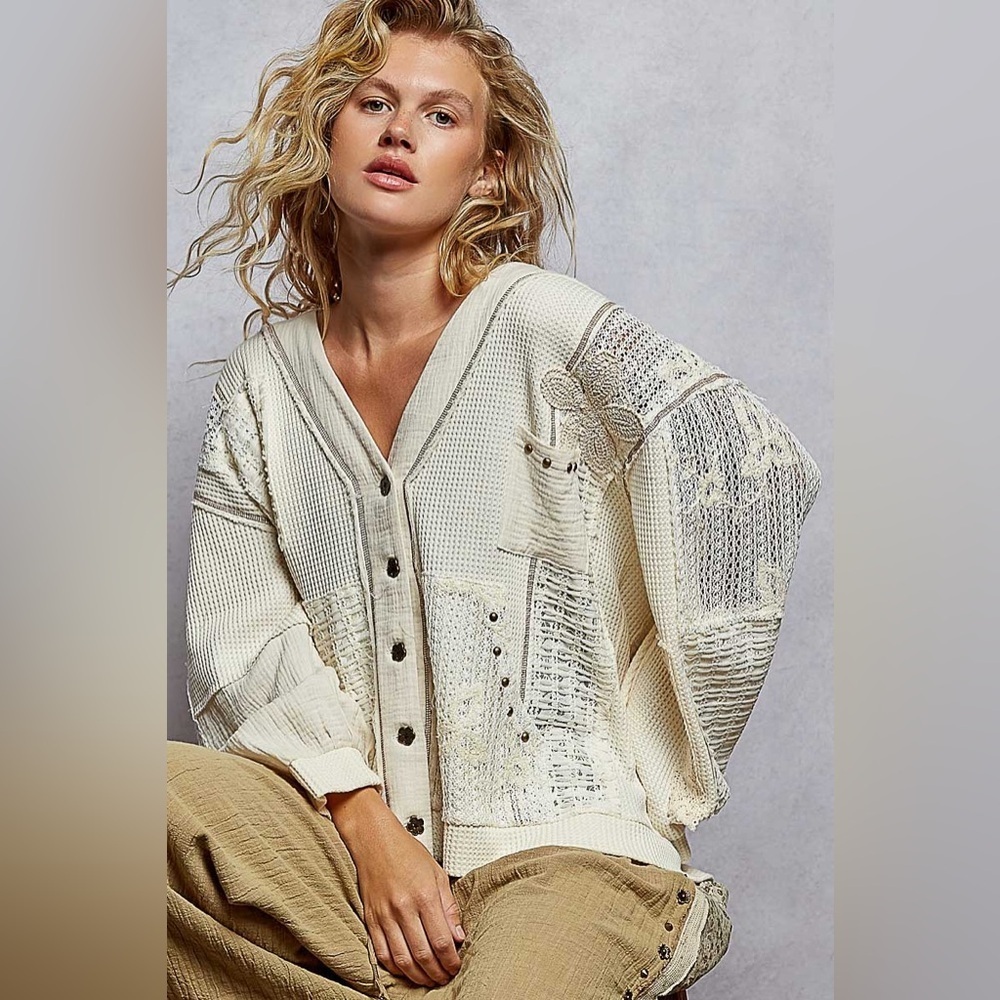 ⚡️ POL “ Cottage Charm “ Patchwork Cadigan Thermal Hoodie Cardigan | Cream - Picture 2 of 9